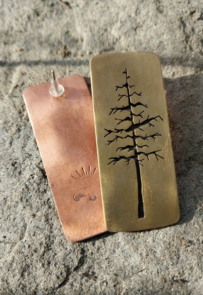Conifer Tree Statement Studs  (Brass & Copper)